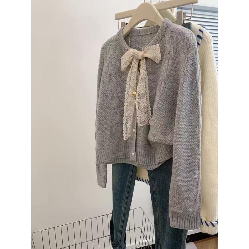 

Temperament gray bow knitted cardigan sweater jacket women s small short loose lazy style high sense L