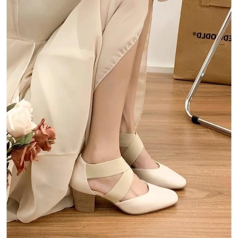 Fashion Round Toe Women's Sandals 2025 Women Pumps French Style Summer Lady Spring Autum Retro Shallow Mouth Square Thick Heel