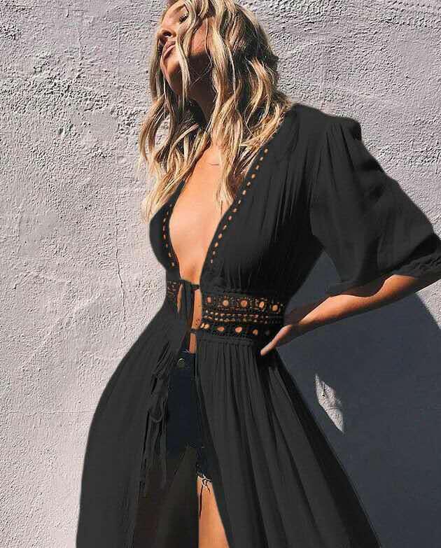 Women's Lace Patchwork Lace-up Long Shawl Cardigan for Bikini