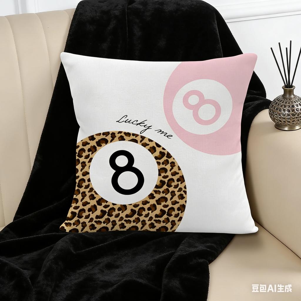 Lucky Leopard Pillow Cover Pink Trendy 8 Ball Playing Card & Lip Print Square Cushion Case Soft Decorative Pillowcase
