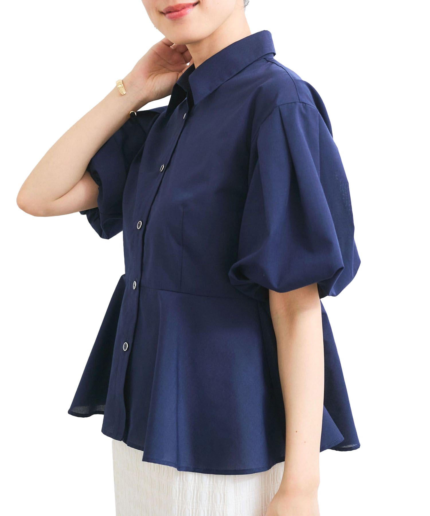 

Bis Balloon Sleeve Peplum Navy Women s Cool-to-the-Touch Shirt, (40)