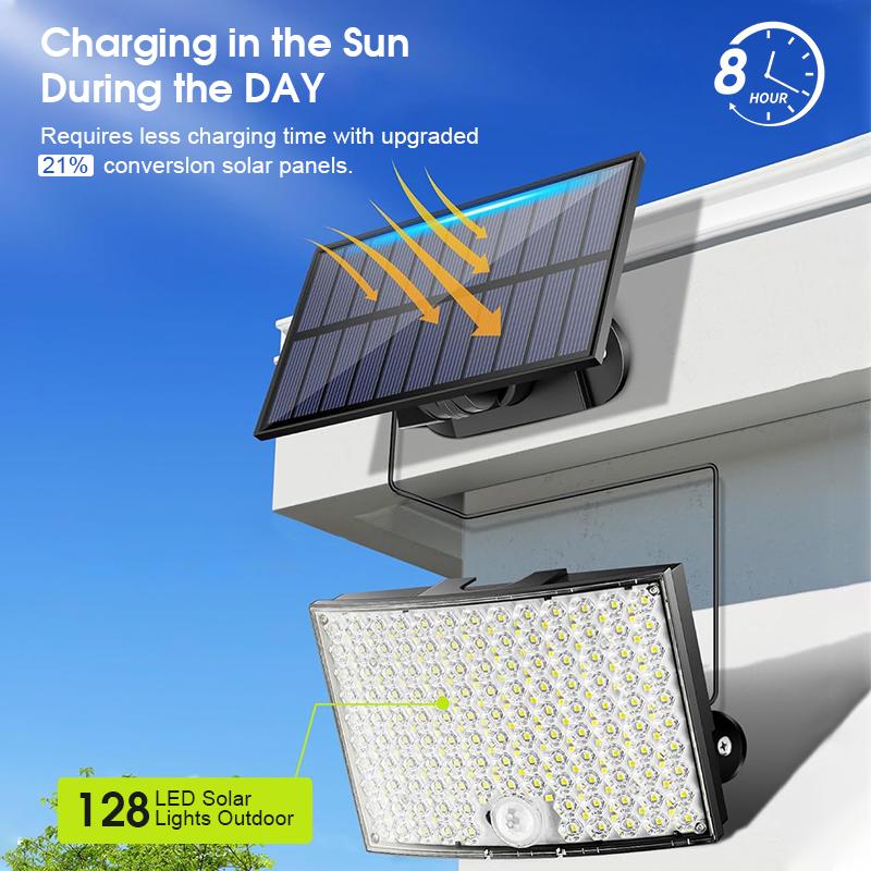 128 LED Split Solar Motion Sensor Outdoor Lights, IP65 Waterproof Outside Solar Flood Lights, Solar Powered Security Spot Light