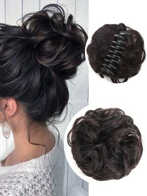 Synthetic Bun Claw Clip Brown Black 6-inch Clip On Hair Wavy Curly Bun Ponytail Extension Wig For Women