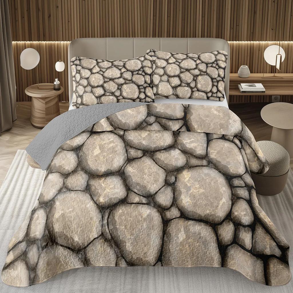 Pebble Quilt Set 3D Stone Gravel Queen Twin Bedspread Set - Garden Cobble Print Coverlet Sets Modern Artwork Quilted Bedding