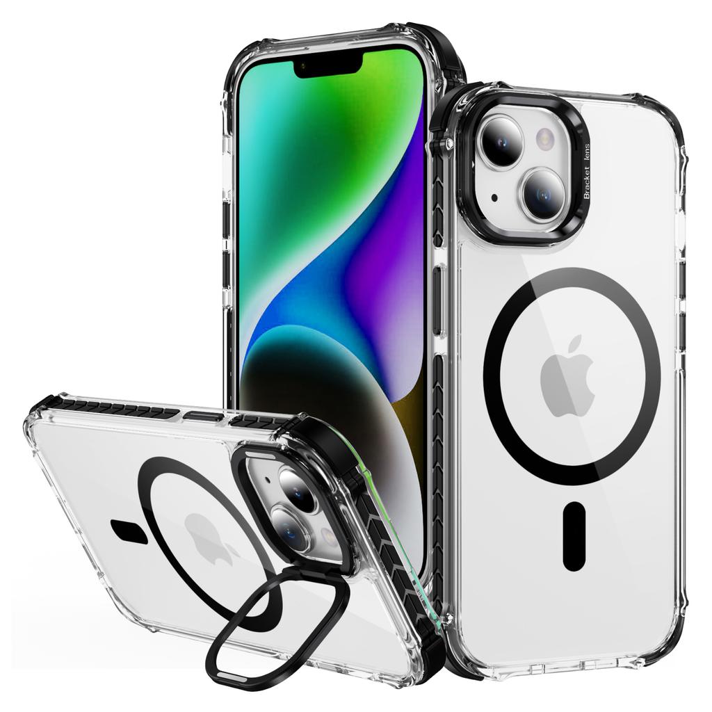 For iPhone 14/13 Clear Phone Case with Lens Kickstand Cover Compatible with MagSafe