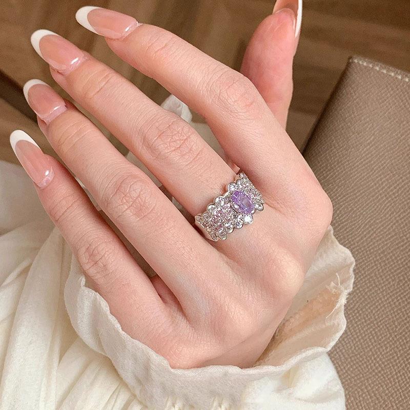 Luxurious Sparkling Exquisite silver  Inlaid Bubble Purple Diamond Wide rings Elegant Exquisite Ring Wedding resizable
