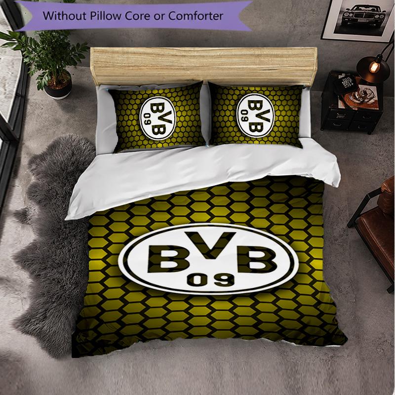 Borussia Dortmund 3-teiliges Bettwäscheset Weiches Bettbezug-Set mit Kissenbezügen Bedrucktes Schlafzimmer-Deko-Set für Zuhause