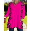 Großformatiges Damen-Oberteil in leuchtendem Pink mit Aufdruck, langärmelig, locker geschnitten, mit Taschen, modisches lässiges T-Shirt für Damen mit eleganter Leopardenmuster-Verzierung