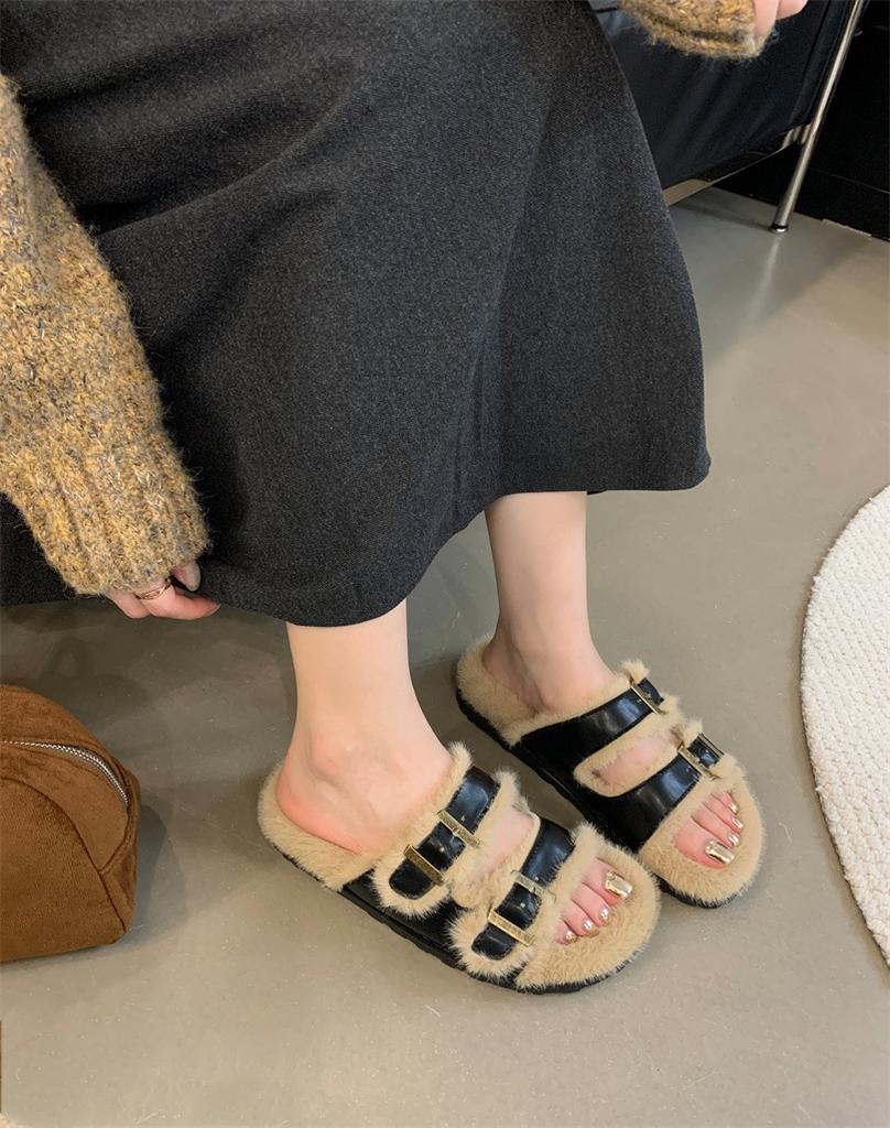 2025 New Autumn and Winter Thick-soled Retro Fluffy Slippers Women's Shoes Wear Warm Cotton Slippers