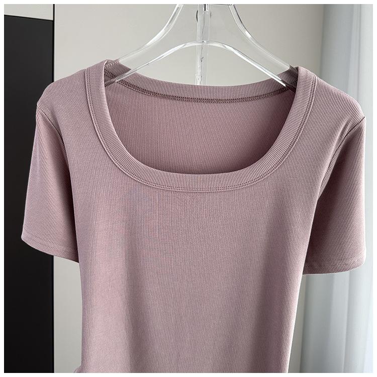Klassisches geripptes quadratisches Hals-Kurzarm-T-Shirt Locker Schlank Sommer Basis-Oberteil Dehnbar Schlanke Basisschicht Weicher Rippstoff Gut für Innen- und Außenbekleidung Oberteil