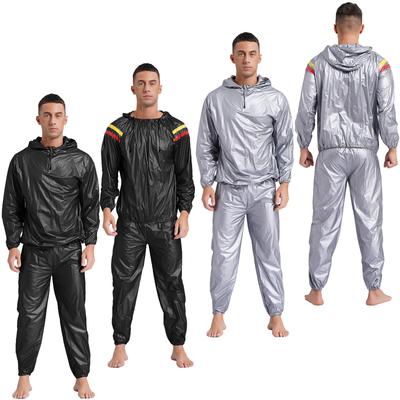 S-4XL Men‘s Sauna Sweat Suit Long Sleeve Hooded Jacket with Elastic Waist Pants PVC Workout Gym Training Outfit