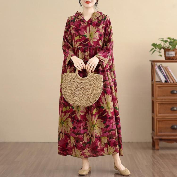 Nuovo Abito Maxi Floreale Vintage Donna Taglie Forti Oversize Ampio Con Cappuccio Manica Lunga Primavera Estate Abito Lungo Basic
