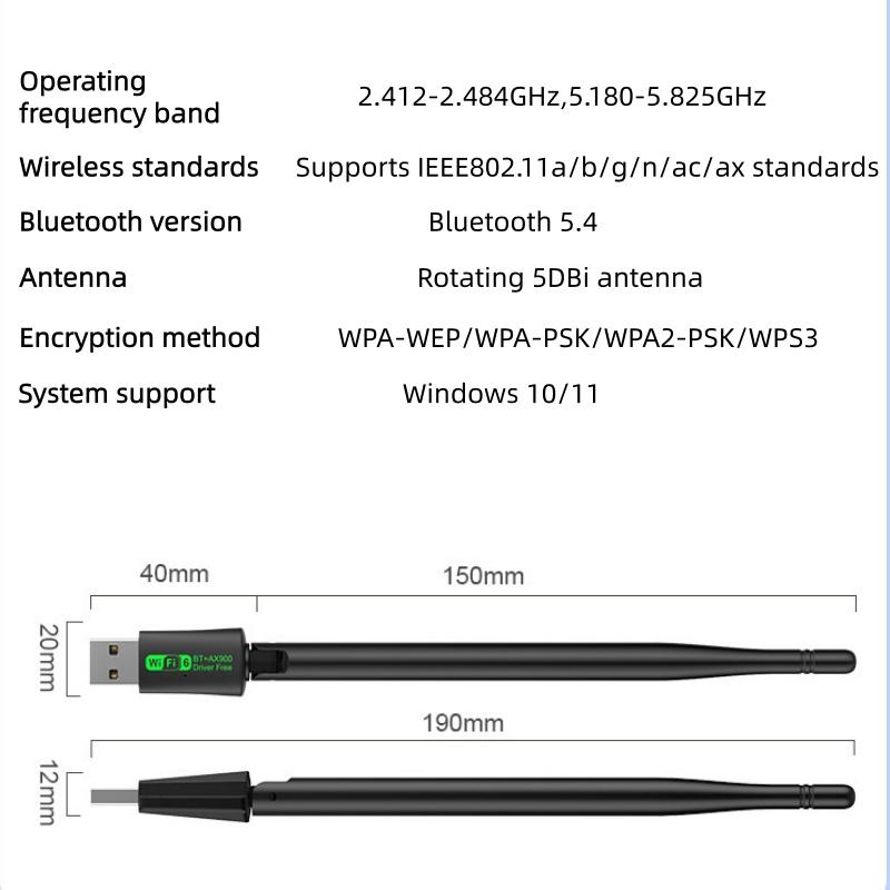 AX900 WIFI6 USB Adapter 900Mbps Bluetooth 5.4 Dual Band 2.4/5G Drive Free Network Receiver, Suitable for Computer Windows 10/11