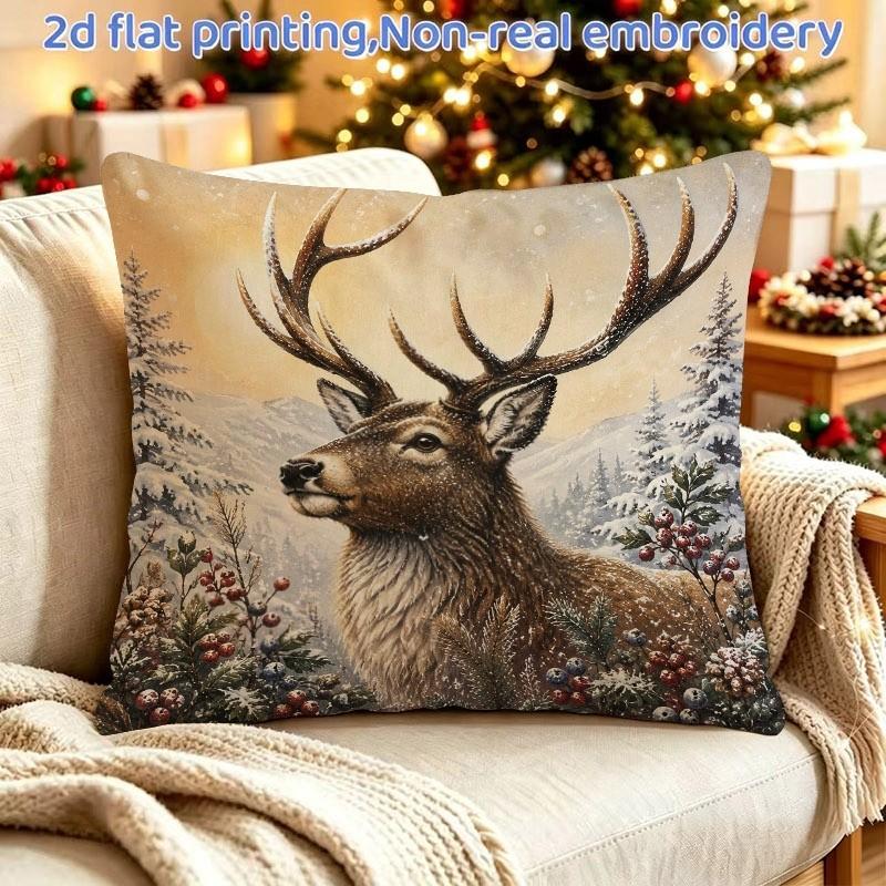 2D Flat Printing Single-Sided Snow Deer Pattern Pillowcase, 1pc Size 45X45Cm/18X18 Inches Without Pillow Core with Zipper Closure, Suitable for Living