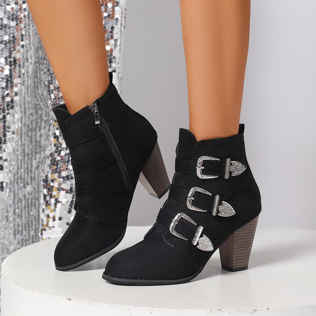 Fashion Brand Design Metal Buckle Decoration Ankle Boots Women 2025 Autumn Point Toe Side Zip Western Booties Sexy Suede High Heel Boots