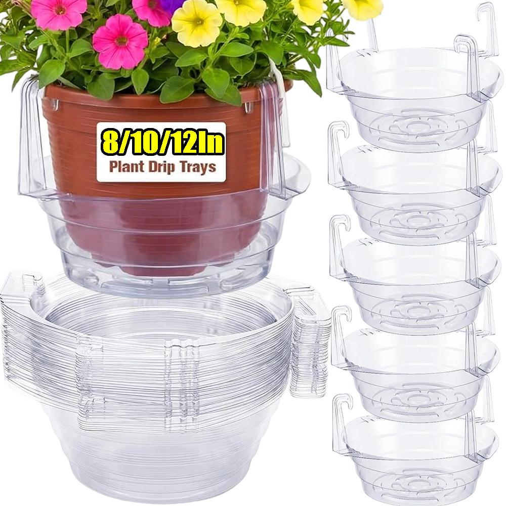 Plastic Hanging Water Catcher Tray for Round Hanging Baskets Plant Pot Clear Drip Pan Saucers with Built-in Hooks 8/10/12Inch