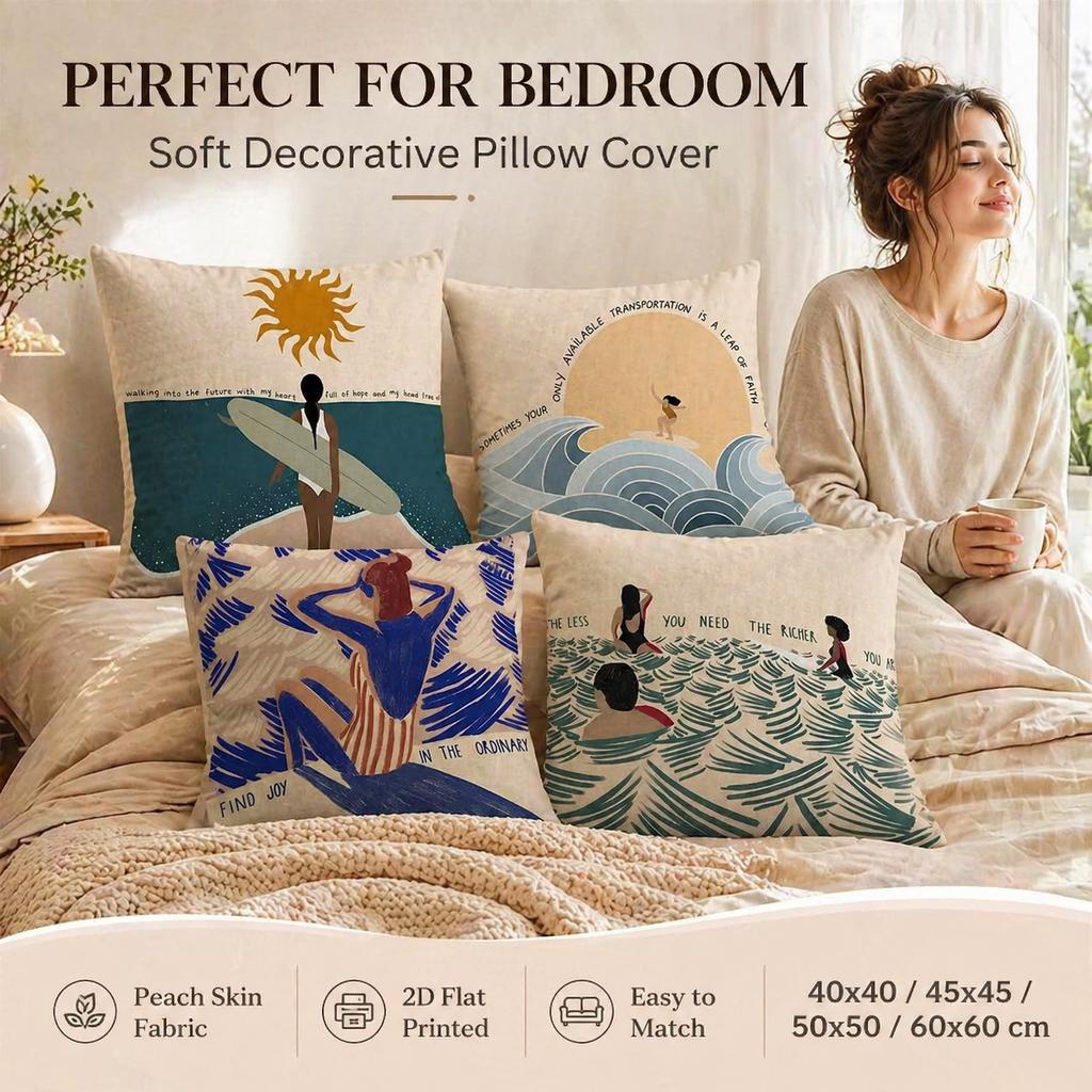 Nordic Summer Woman Art Pillow Case 2D Flat Printed Peach Skin Cushion Cover Ocean Waves Decorative Throw Pillowcase For Sofa