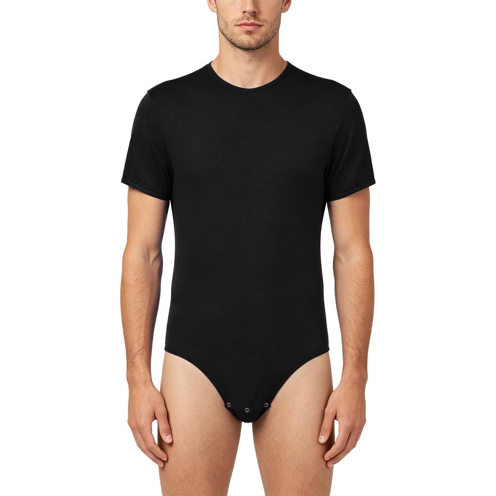 Men Sexy One Piece Lingerie Solid Color Short Sleeves Press Crotch Bodysuit Romper Pajamas