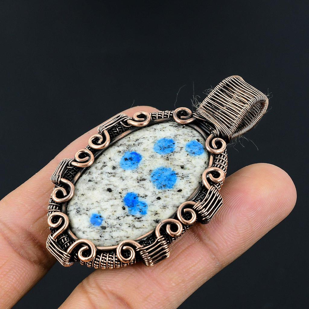 K2 Azurite Pendant, 999 Copper Wire Wrapped Gemstone Jewelry, Handmade Pendant, For Thanksgiving