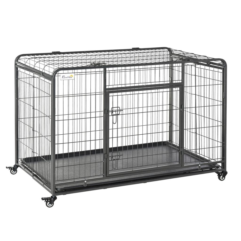 Dog Cage, Foldable Metal, for Large Dogs, 125 x 76 x 81 cm, Wheels, Dark Grey