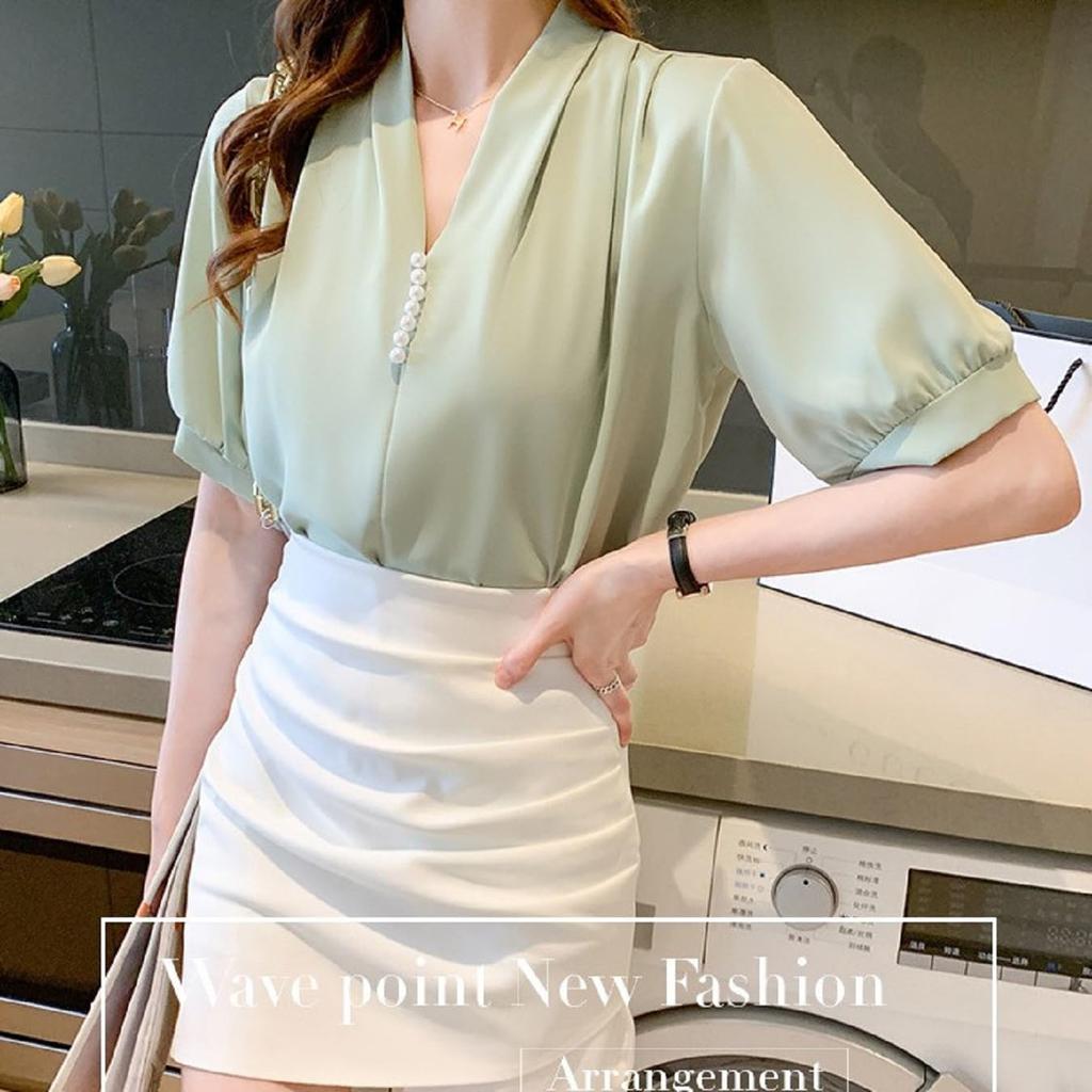 Short Sleeve Blouse Pearl Top Cut and Sewn Spring Summer Chiffon Thin Plain Green M M Size Green Green Green Green Formal Simple Office Office Casual