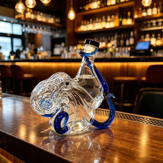 3D Octopus Shaped Glass Liquor Bottle, 350ml Borosilicate Whiskey Decanter, Spill-Free Decorative Pouring Bottle for Spirits Whiskey Wine Display