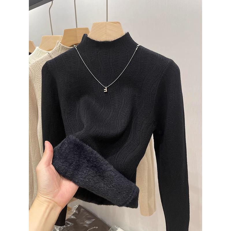 Autumn and winter fleece thickened sweater schoolgirl integrated fleece with semi-turtleneck knitted wool cashmere bottoming shirt top