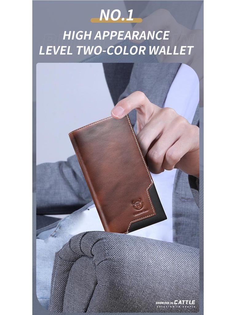 Portofel Lung Bifold Retro pentru Bărbați din Piele Naturală de Vacă Captain - Ceară de Ulei, Portmoneu pentru Monede de Capacitate Mare