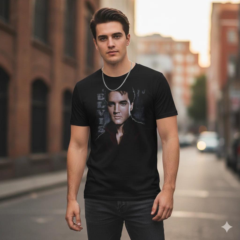 Elvis Presley Portrait Graphic T-Shirt Black Rock n Roll Icon Tee - T153 L