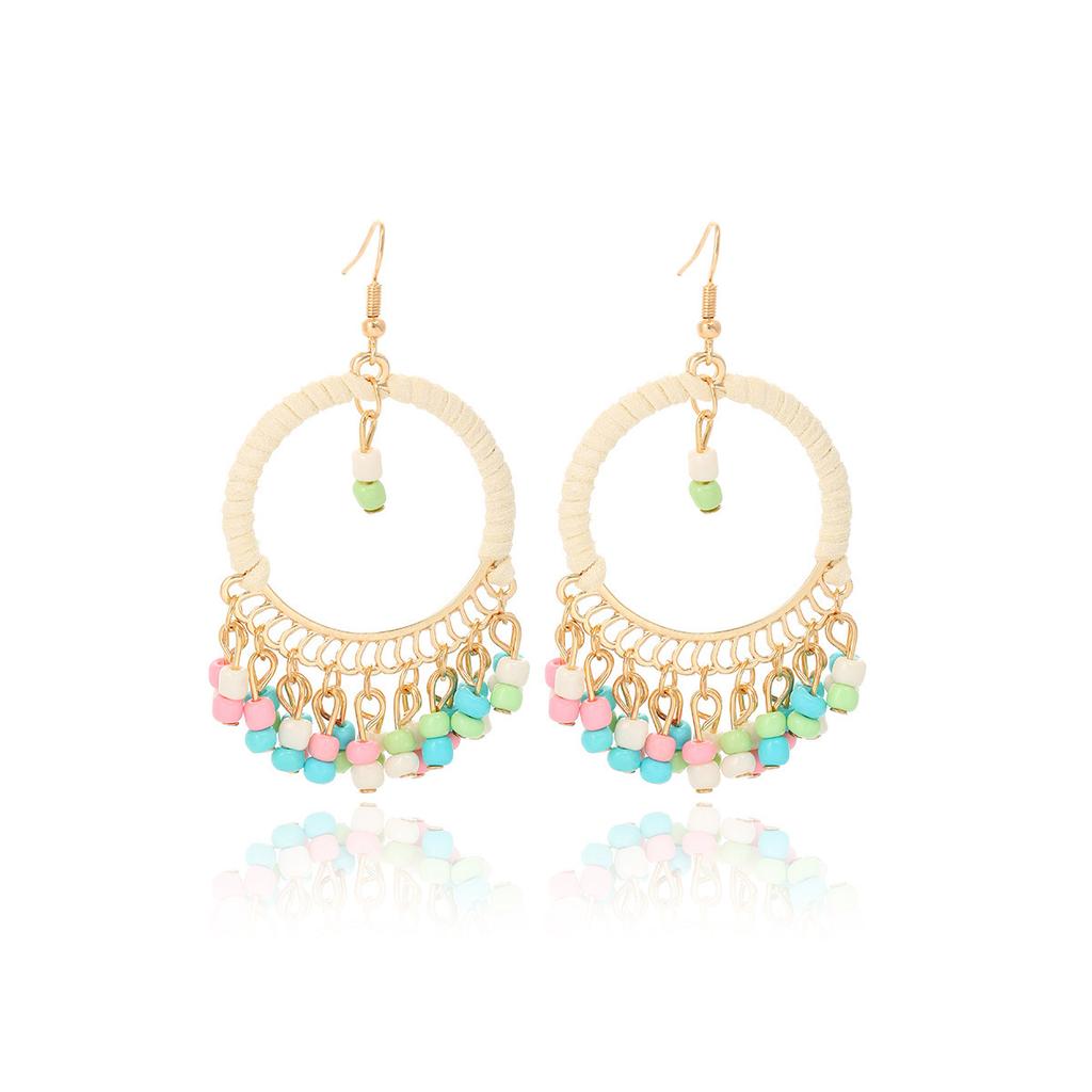 Ethnic Bohemian Geometric Round Earrings, Retro Hand-Woven Small Rice Bead Fringed Earrings