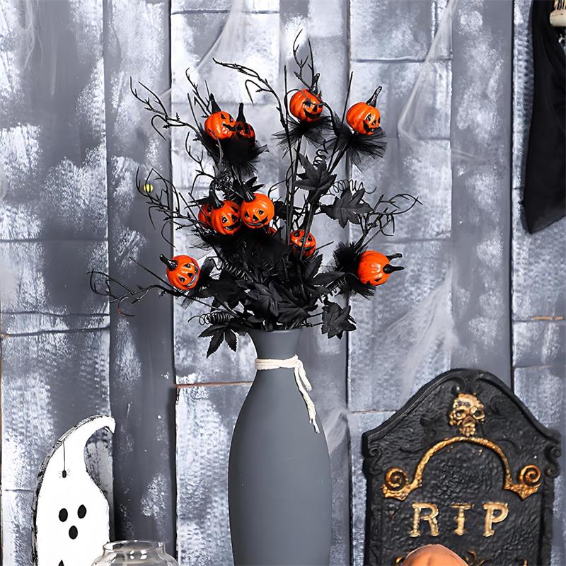 5PCS Artificial Halloween Flowers with Pumpkin Maple Leaf Branches Halloween Decorations Indoor for Office Home Mantel Vase Filler