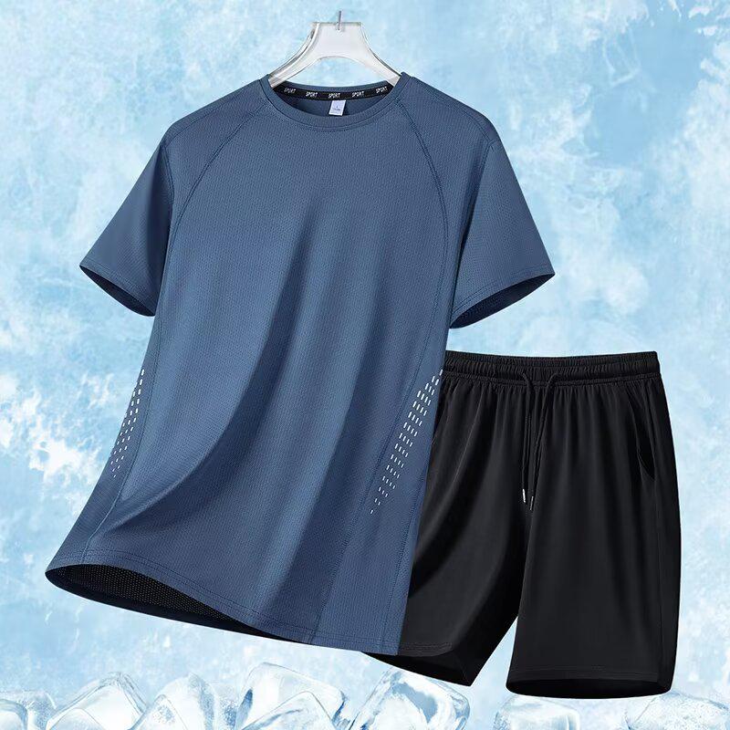 Premium Plus Size Ice Silk Sportswear Set for Men & Women: Quick-Dry T-Shirt & Shorts for Summer Fitness