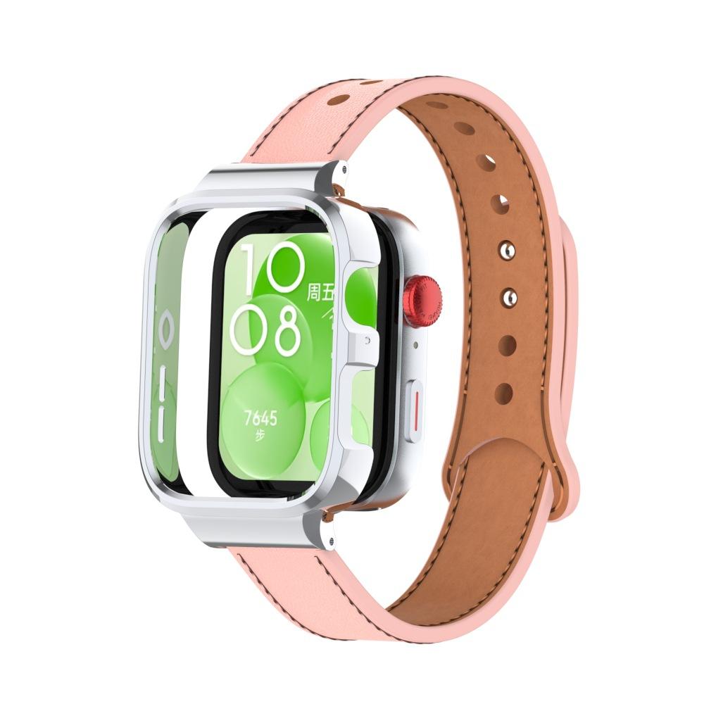 

Кожаный ремешок для Huawei Watch Fit 3 Браслет+Металлический чехол для huawei watch fit 3 Ремешок для часов для huawei fit3 Защитный чехол Shell huawei watch Fit3 розовый