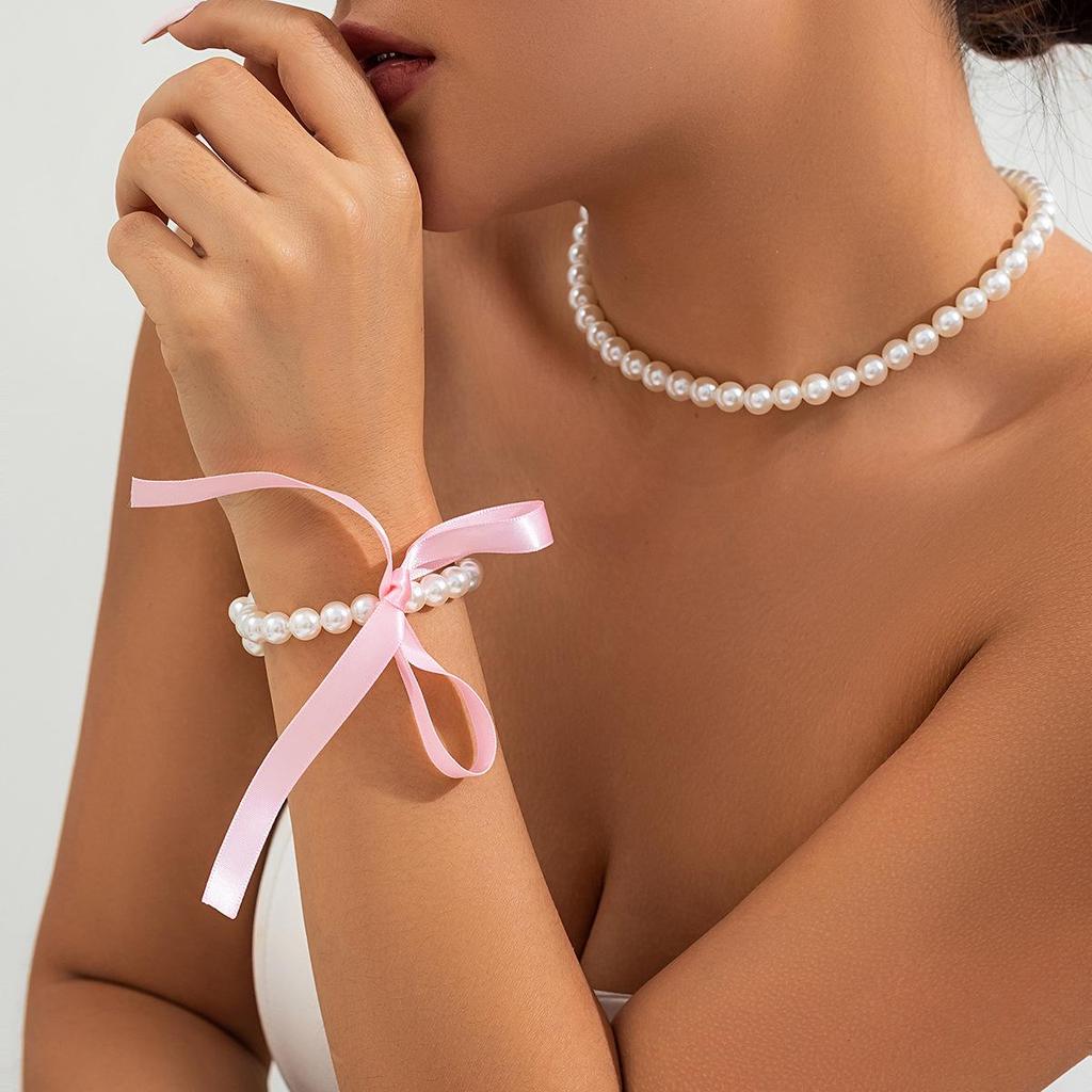 Collana Clavicola Arco Lungo Retrò con Velluto di Pizzo e Perle