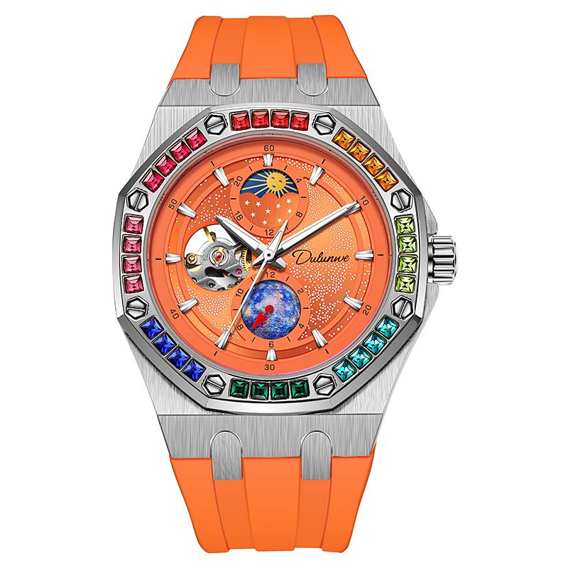 Dulunwe Męski automatyczny zegarek Starry Sky Moon Phase Color Diamond Big Tarcza Silikonowy pasek Luksusowy biznesowy wodoodporny zegarek na rękę