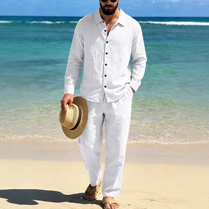 Men's Linen Long-Sleeve Lapel Shirt & Straight-Leg Pants Set for Casual Spring/Autumn Beachwear