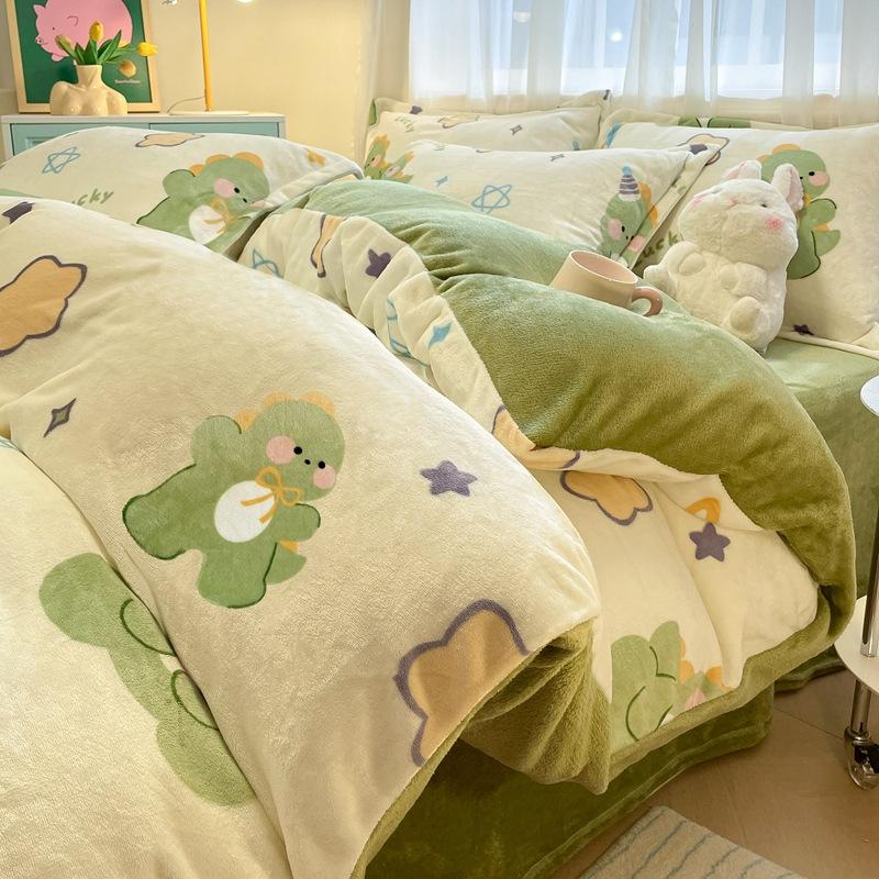 Thickened Milk Fleece Four-Piece Set, Coral Flannel Quilt Cover, Double-Sided Fleece Bed Sheet Quilt Cover, Bed Hat Three-Piece Set