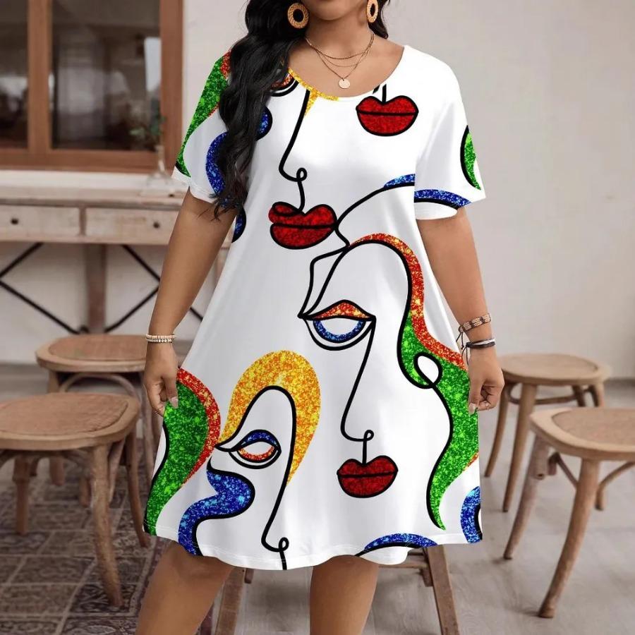 

2025 New Christmas Tree Print Women s A-Line Dress with Short Sleeves Sparkling Multicolor Holiday Party Dress New Year s Tops 5XL білий