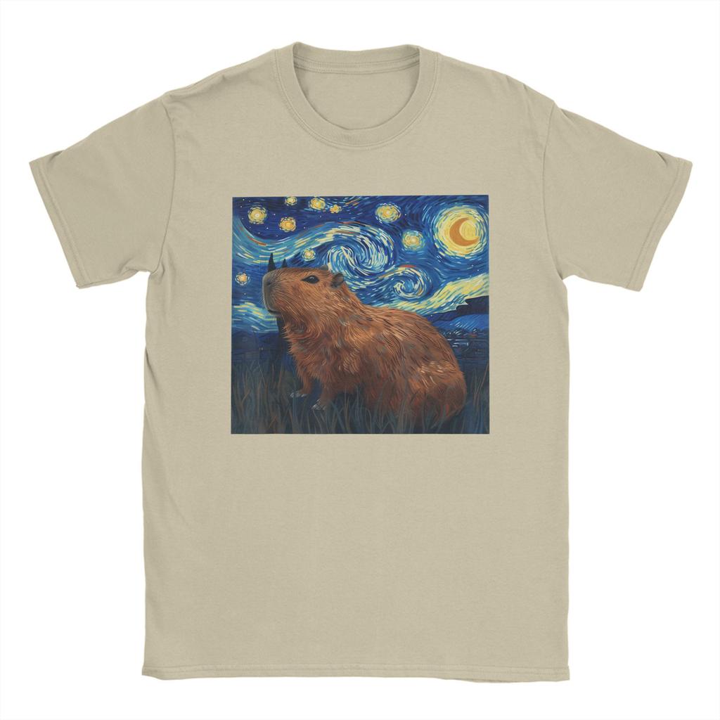 Fashion Capybara Van Gogh Style Starry Night T-Shirts Men Crew Neck 100% Cotton T Shirt  Short Sleeve Tee Shirt Summer Tops