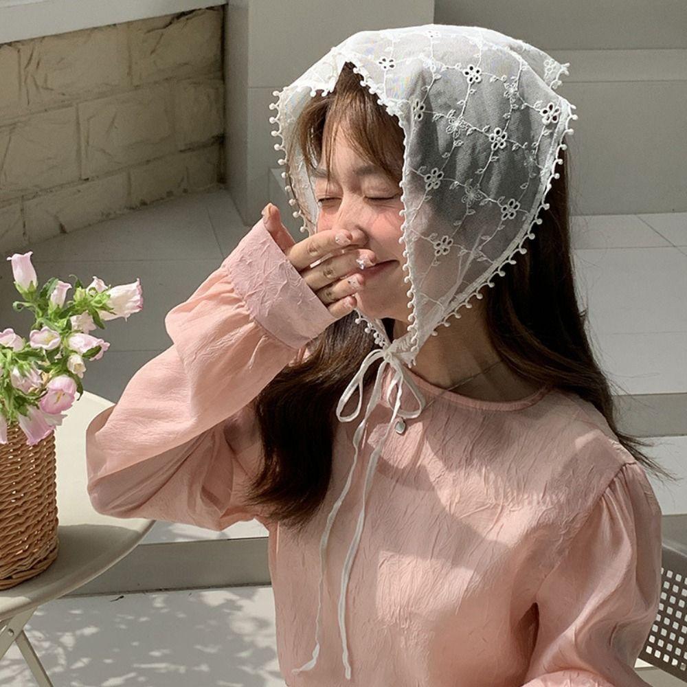 Lattice Lace Hair Scarf Pastoral Style Printing Hair Scarf Vintage Triangle Hair Band Strap  Women