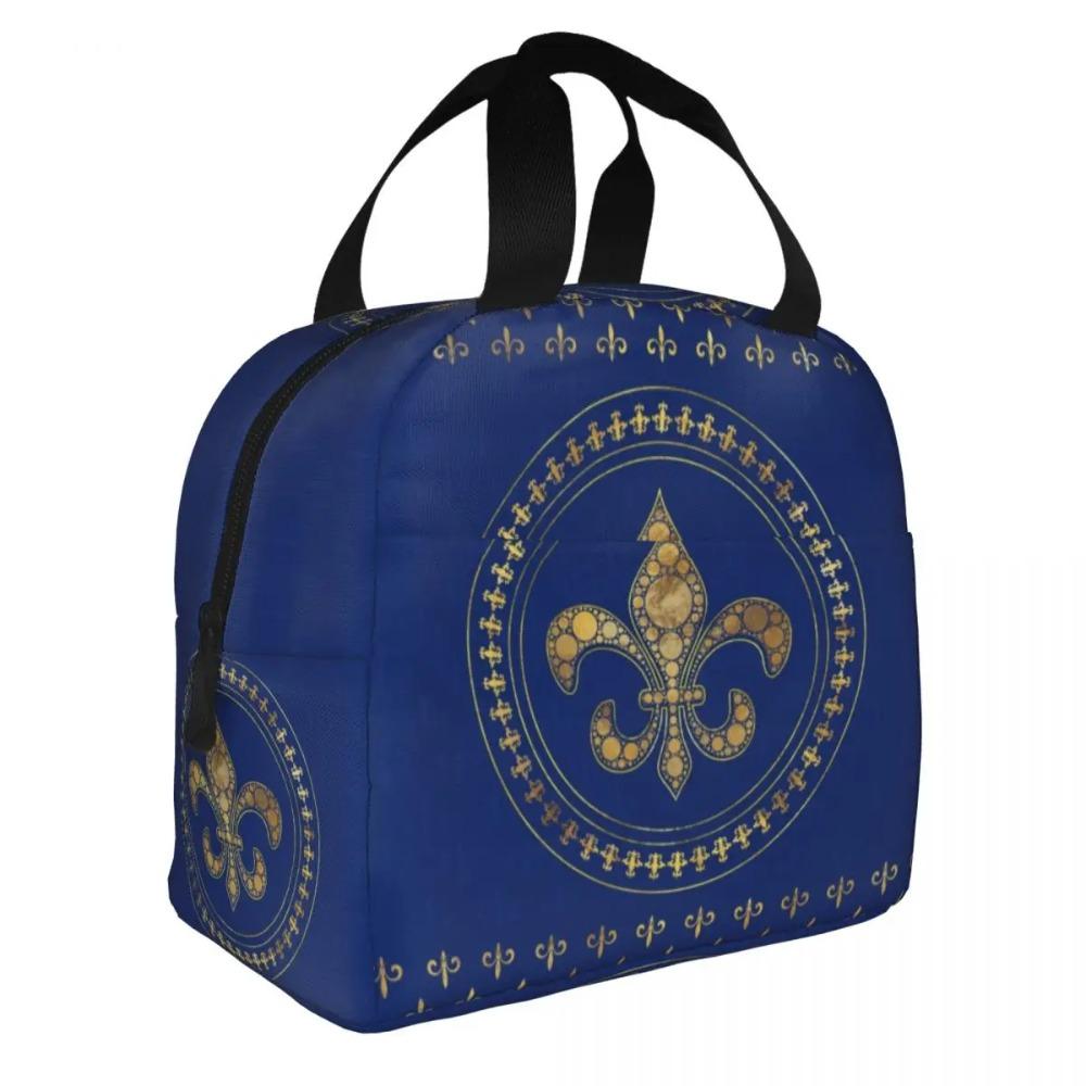 Custom Fleur-De-Lys Gold And Royal Blue Lunch Bag Men Women Cooler Thermal Insulated Lunch Box for Children School