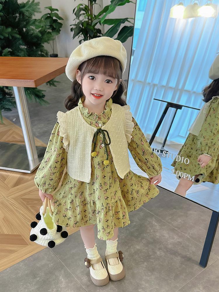 Girls' Stylish Princess Vest Dress Set – Long-Sleeve Floral for Spring & Autumn 2025