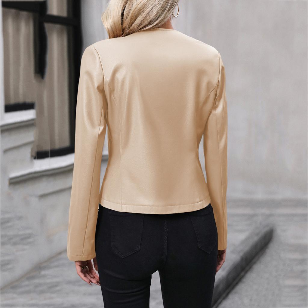 Women's Casual Long-Sleeved Solid Color PU Motorcycle Leather Jacket