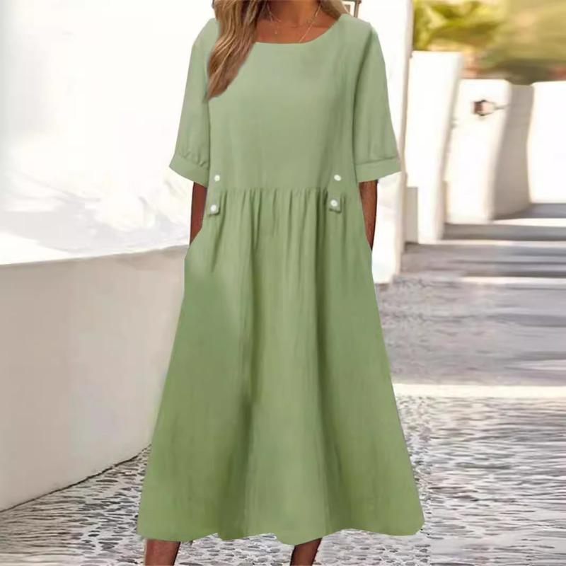 Women's Loose Fit Midi Dress Double Pockets Button Decoration Round Neck Short Sleeve Summer Boho Workwear Dress