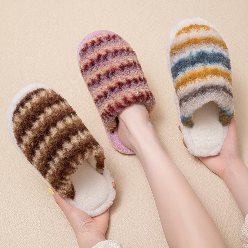 Contrasting color striped bag head cotton slippers fluffy slippers comfortable design home plush slippers