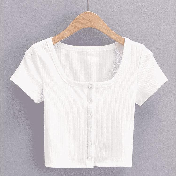 

Женский топ с короткими рукавами и пуговицами в рубчик L белый