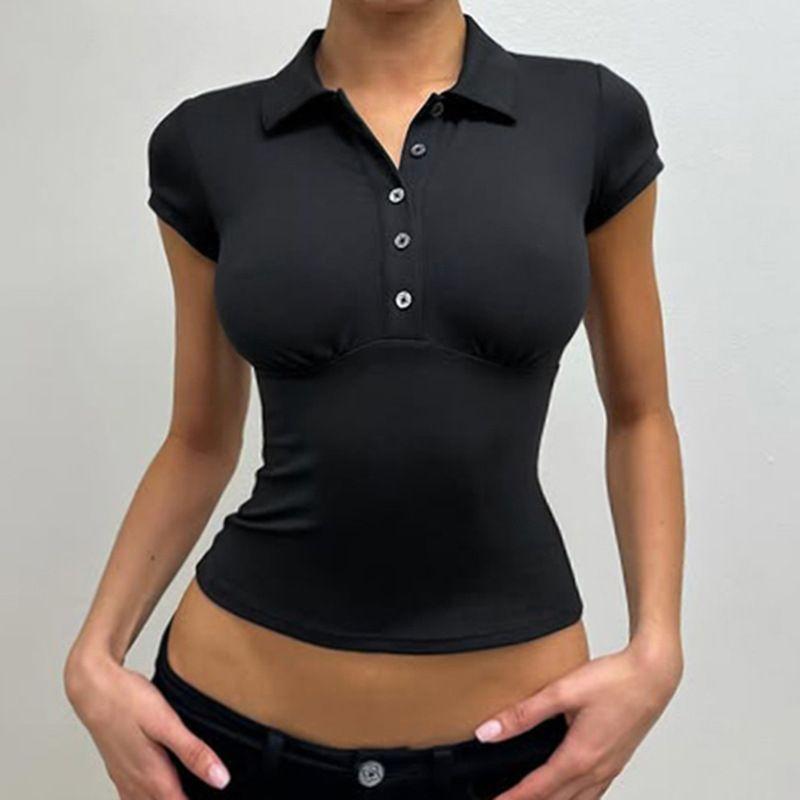 

American Sports Style Solid Gyaru Women s Sports T-shirt Top Lapel Pullover Elastic Tight Breasted Slim fit Short sleeve Black S