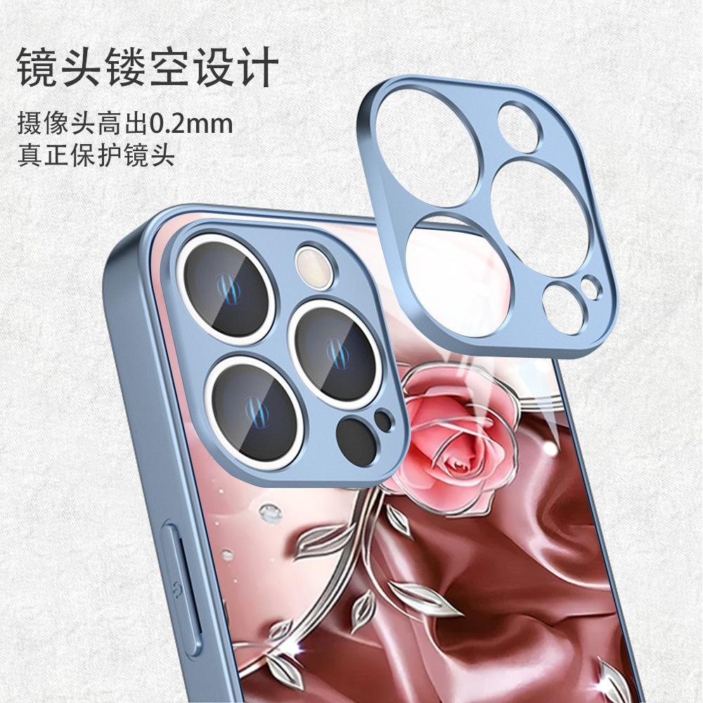 Three-dimensional Pink Rose Tempered Glass Case Apple 15promax Mobile Phone Case iPhone17 Case