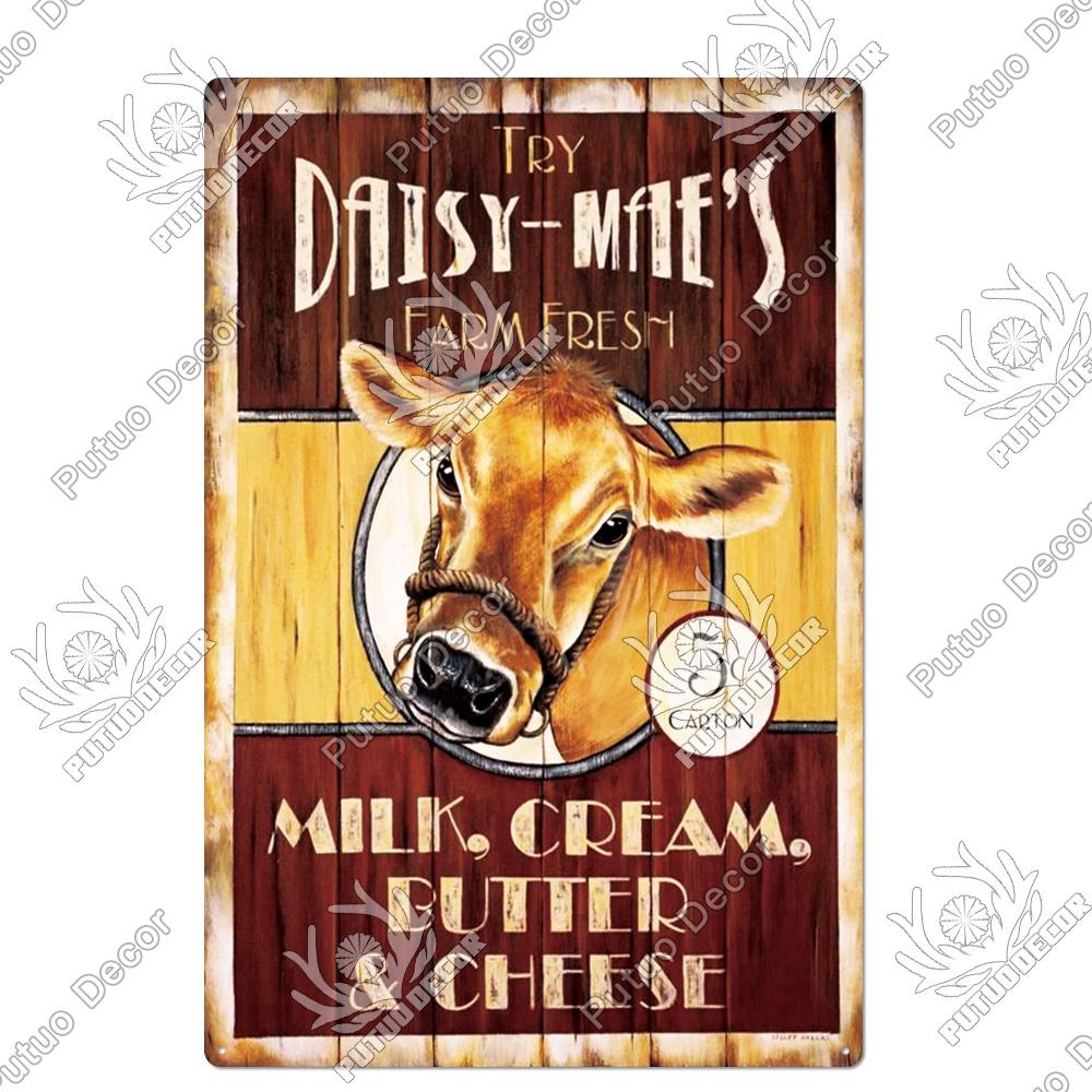 Putuo Decor Farm Tin Sign Milk Vintage Tin Sign Plaque Metal Plate Retro Poster for Farmhouse Cow Pig Wall Stickers Art Decor