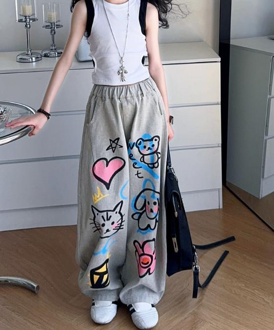 Summer Girls  Jeans Printed Straight Leg Pants Versatile Pants 120 светло-серый